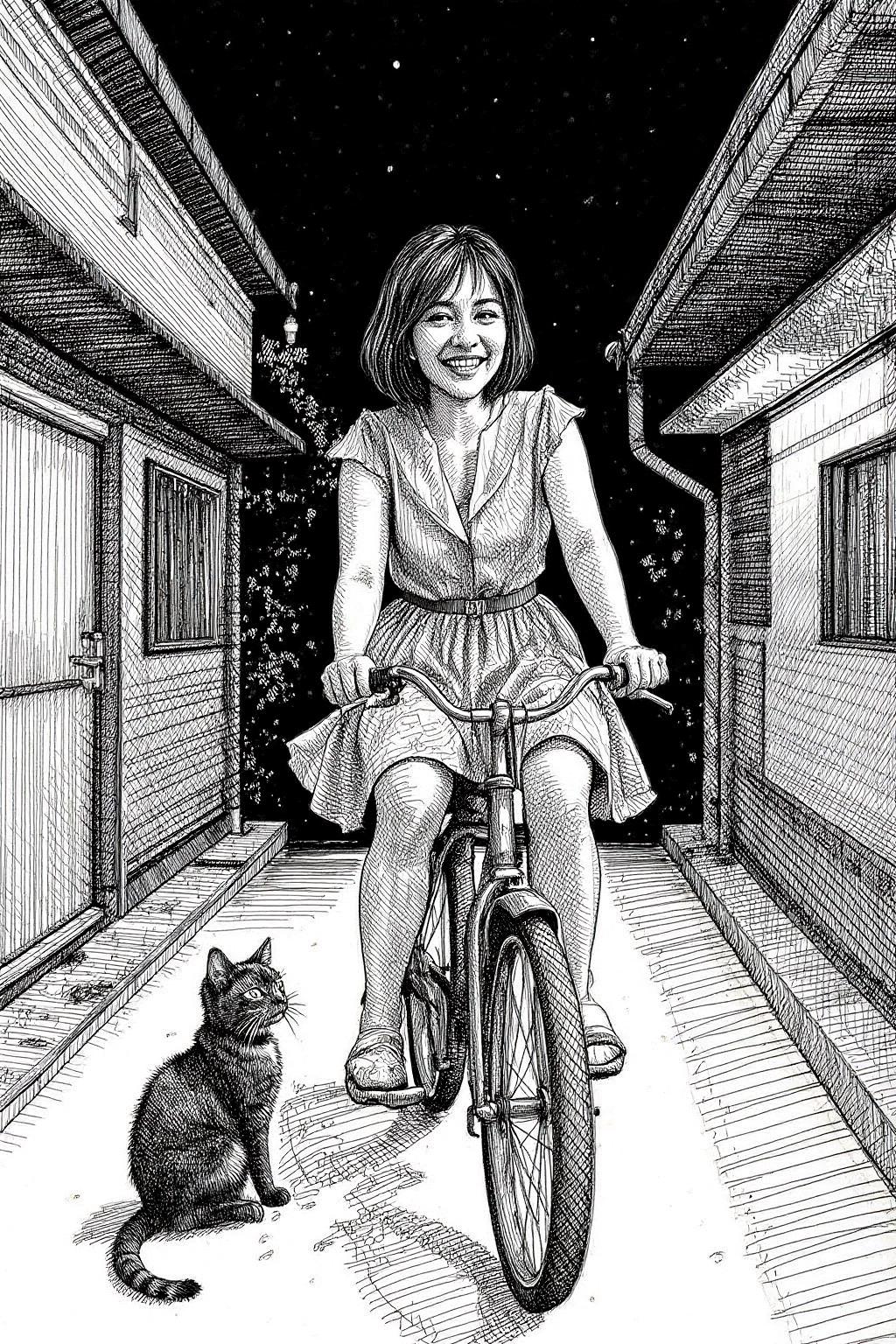 crosshatch black and white drawing.
A Japanese school girl riding a old style bicycle through a narrow, quiet street at night. The happy woman wears a simple, flowing dress. In the corner, a small black cat with piercing eyes sits watching her quietly. <lora:crosshatch1_nocap_d6a3:1.0><lora:807692617753091121:0>