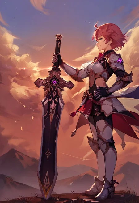 score_9, score_8_up, score_7_up,
source_anime,
1girl, solo,
planted-sword, holding sword, pose, resting stance, shortstack,
greatsword, giant_sword, one-handed, one hand holding weapon, other hand resting at hip, perfect face, short hair, light armor, side view, side profile,
cloud, sunset, wind,
fantasy background, concept art, Expressiveh,
<lora:planted_sword:1>