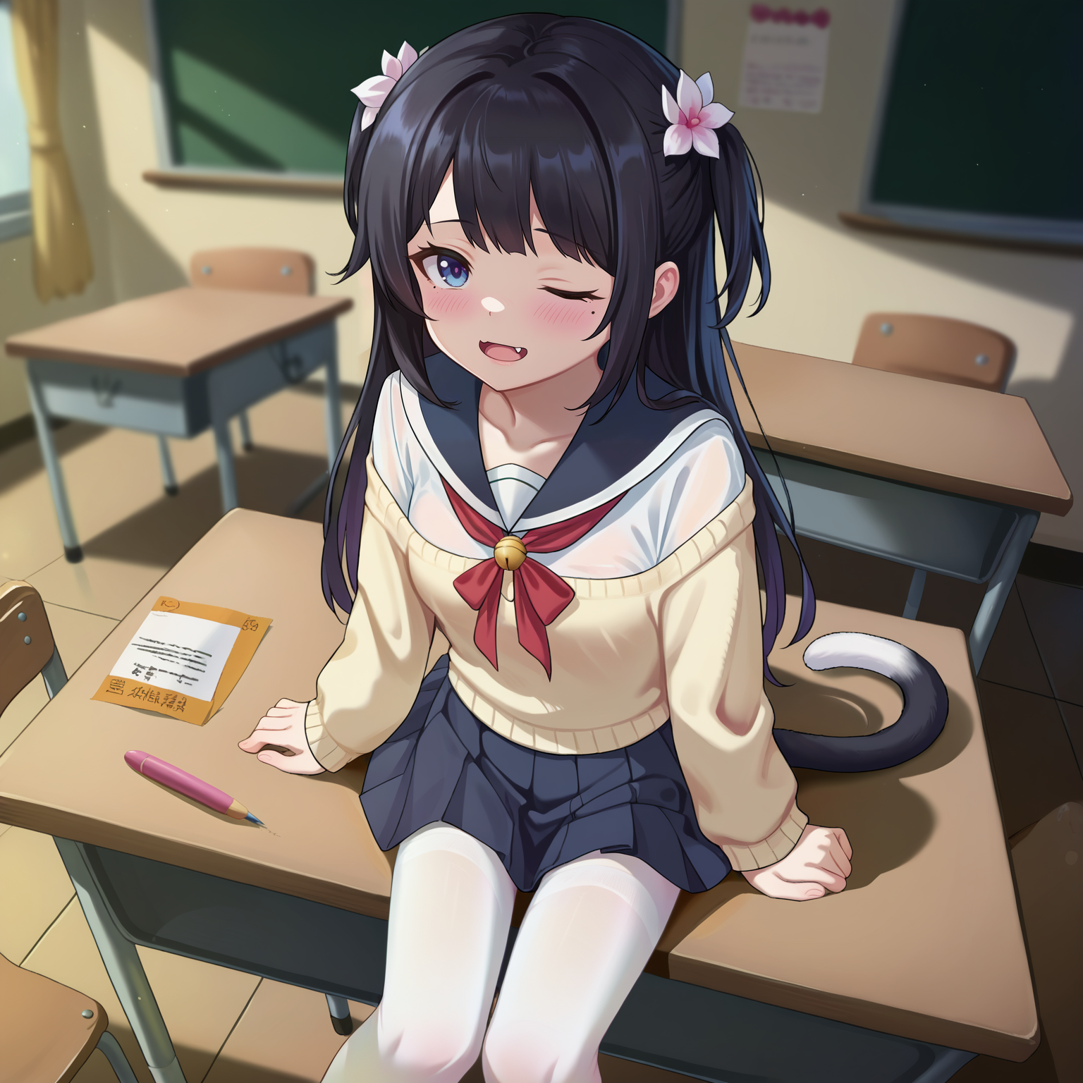 score_9, uncensored, source_anime
BREAK
1girl, :o, black hair, blush, female focus, flower, hair flower, hair ornament, long hair, looking at viewer, mole, mole under eye, one eye closed, cat tail, sleeves past wrists, solo, two side up, classroom, white pantyhose, pleated skirt, sitting on desk, fang out, medium breasts
<lora:akifn_pony_v6:1>