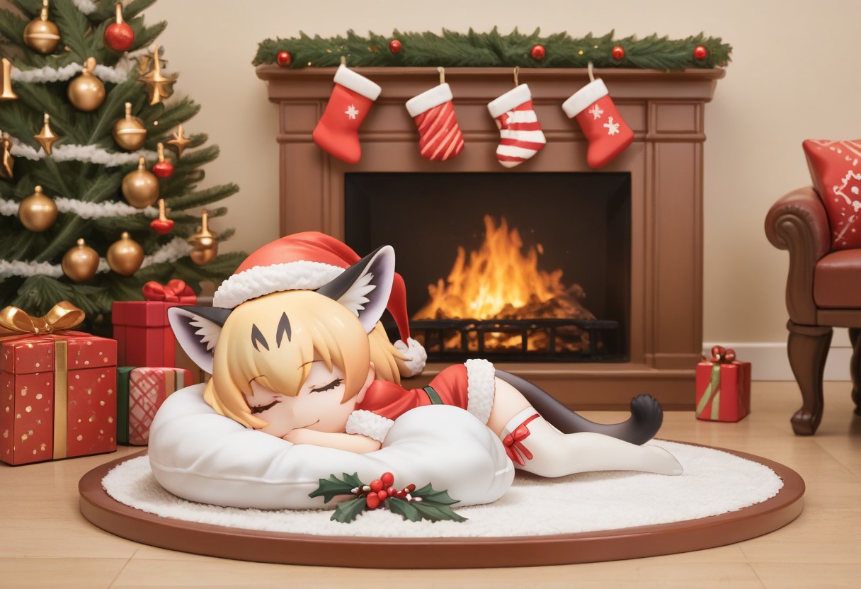 1girl, ((solo)), best quality, ultra-detailed, extremely detailed, perfect anatomy, masterpiece, score_9, score_8_up, score_7_up, Expressiveh, sand cat \(kemono friends\), 1girl, cat girl, cat ears, blonde hair, short hair, cat tail, christmas tree, christmas decoration, christmas ornaments, underneath Christmas tree background, indoors, santa cosplay, santa outfit, santa hat, santa's sack, Christmas outfit, giant sack of presents, fully clothed, Christmas themed thighhighs, thighhighs, elbow gloves, bowtie, santa's sack of presents, red ribbon collar, Christmas presents, Christmas themed, living room, fireplace, (chibi), cute, adorable, closed eyes, sleeping, smiling, laying on side, side view, tail_accessory, mistletoe_on_tail, mistletoe, closeup,