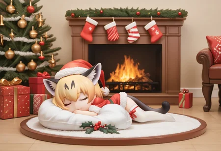 1girl, ((solo)), best quality, ultra-detailed, extremely detailed, perfect anatomy, masterpiece, score_9, score_8_up, score_7_up, Expressiveh, sand cat \(kemono friends\), 1girl, cat girl, cat ears, blonde hair, short hair, cat tail, christmas tree, christmas decoration, christmas ornaments, underneath Christmas tree background, indoors, santa cosplay, santa outfit, santa hat, santa's sack, Christmas outfit, giant sack of presents, fully clothed, Christmas themed thighhighs, thighhighs, elbow gloves, bowtie, santa's sack of presents, red ribbon collar, Christmas presents, Christmas themed, living room, fireplace, (chibi), cute, adorable, closed eyes, sleeping, smiling, laying on side, side view, tail_accessory, mistletoe_on_tail, mistletoe, closeup,