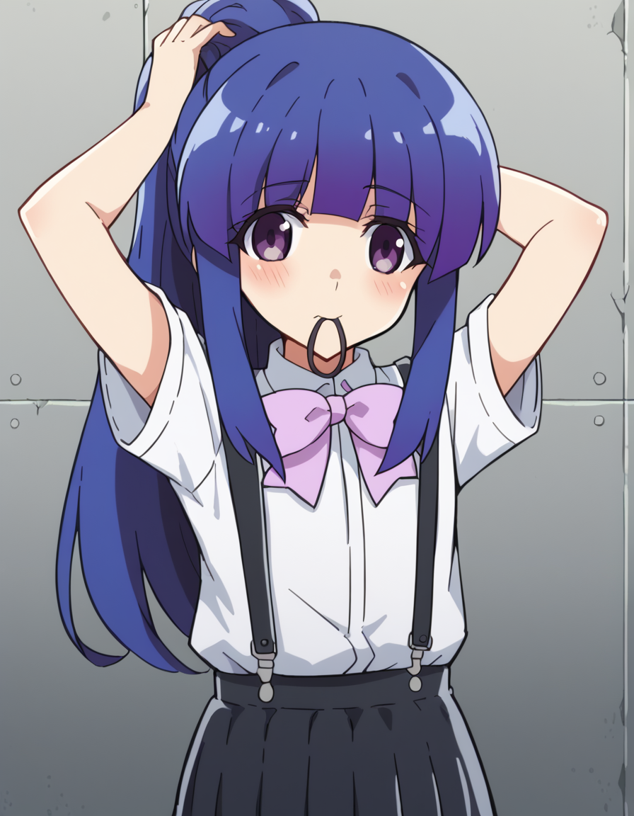 score_9, score_8_up, score_7_up, source_anime, <lora:rika-furude-s4-ponyxl-lora-nochekaiser:1>, rika furude, long hair, bangs, blue hair, purple eyes, blunt bangs, purple hair,, skirt, shirt, bow, school uniform, white shirt, short sleeves, pleated skirt, bowtie, black skirt, suspenders, pink bow, suspender skirt,, tunnel, dark, underground, passage, walls, , <lora:hair-tie-in-mouth-ponyxl-lora-nochekaiser:1>, hair tie in mouth, hair tie, mouth hold, rubber band, blush, tying hair, adjusting hair, hands in hair, arms up, arms behind head, ponytail, hand in own hair, hair lift, cowboy shot, looking at viewer, looking at viewer, solo,, dutch angle, cowboy shot