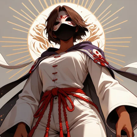 Score_9, Score_8_up, Score_7_up, (masterpiece), best quality, masked, with a white fox mask, with a full face volto mask, white fox mask, no eyes, perfect face, perfect anatomy, anime girl, slim, medium breasts, hourglass shape, brown hair, short hair, dark skin and freckles, beautiful and trained body, white low-cut shirt, with loose pants, hippie aura, perspective of fight, threatening, covered face, hooded, short hair,  threatening pose