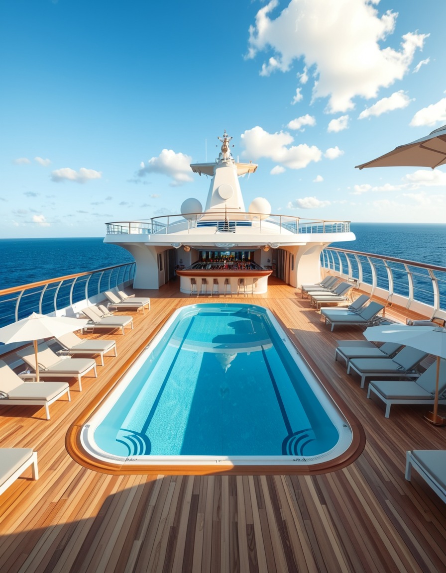 A wide, high-resolution view of the upper deck of a modern luxury cruise ship, completely empty of people. The deck features a clean, polished teak wood floor and sleek white railings along the edges. Several neatly arranged lounge chairs line both sides, with large white parasols providing shade. In the center of the deck, a crystal-clear swimming pool reflects the blue sky, with no one in or around it. To one side, a stylish bar area with a curved canopy stands closed, with colorful bottles and barstools neatly arranged. The background reveals the endless ocean meeting the horizon, under a bright, cloud-speckled blue sky. The lighting is natural daylight, casting soft shadows and highlighting the modern, serene, and luxurious ambiance of the cruise ship deck. No signs of human presence â everything is pristine, calm, and ready for guests.
<lora:SDXLFaeTastic2400:0.4> <lora:extremely_detailed:0.4> extremely detailed,<lora:luxury_cru1s3_sh1p:1>,luxury cru1s3 sh1p, Masterpiece,best quality,hi res,8k,hi res,8k,award winning,(sharp focus, intricate, highly detailed),