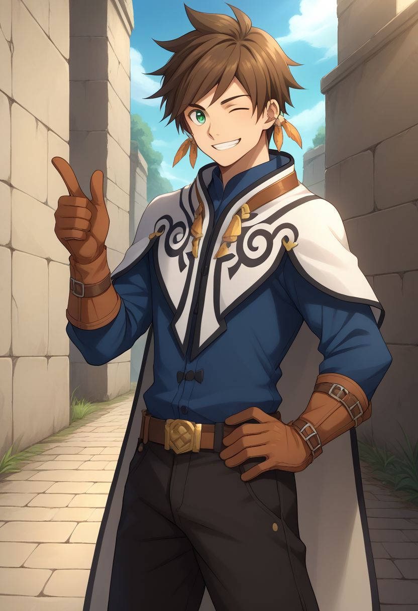 score_9, score_8_up, source_anime, highly detailed, 1boy, solo, male_focus, slender, skinny, upper body,
sorey, solo, brown hair, male focus, smile, 1boy, thumbs up, feathers, one eye closed,
gloves, hand on hip, pants, boots, full body, feather earrings, green eyes,
cape, shirt, blue shirt,
outdoor, ruins