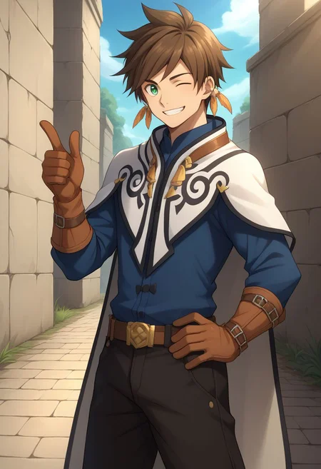 score_9, score_8_up, source_anime, highly detailed, 1boy, solo, male_focus, slender, skinny, upper body,
sorey, solo, brown hair, male focus, smile, 1boy, thumbs up, feathers, one eye closed,
gloves, hand on hip, pants, boots, full body, feather earrings, green eyes,
cape, shirt, blue shirt,
outdoor, ruins