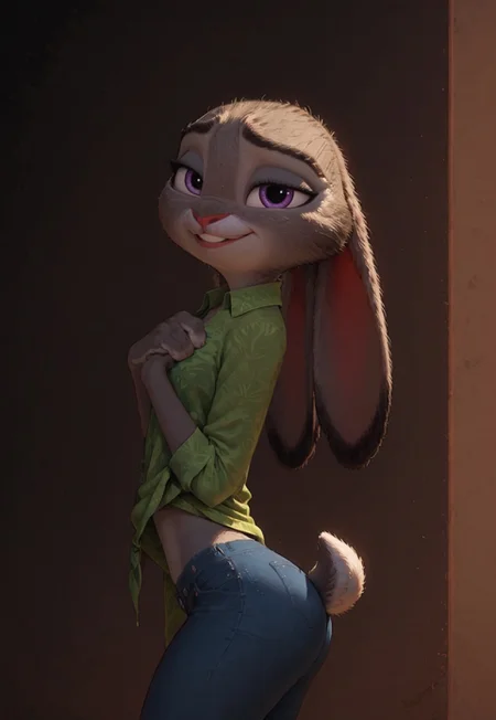 safe_pos, score_9, score_8_up, score_7_up, (Expressiveh:0.8), 
BREAK
(Judy Hopps, Zootopia:1.1),
BREAK
girl 24yo, solo, 1girl, Judyhopps, sexy bunny girl, sexy pose, perfect face, focus on furry, seductive, side view, looking at viewer, blue jeans, lifting shirt slightly to expose stomach, plain light green shirt, smirking, standing, toned, thin waist,