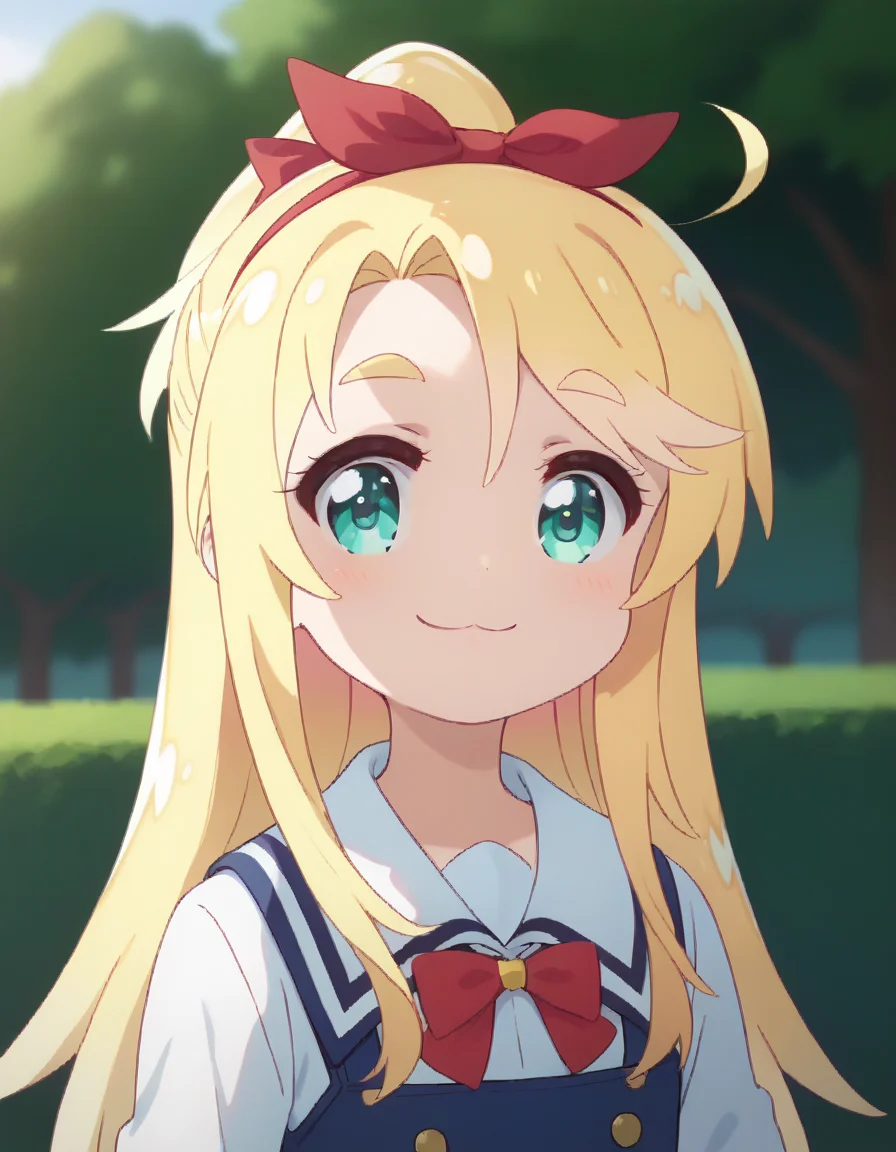 score_9,score_8_up,score_7_up,score_6_up BREAK official art,solo,outdoors,smile,upper body,(portrait:1.5),looking at viewer,facing viewer,anime coloring,female child,ahoge,long hair,blonde hair,hair bow,bow hairband,red hairband,thick eyebrows,parted bangs,aqua eyes,:3,school uniform,blue dress,sailor dress,pinafore dress,white sailor collar,white shirt,red bowtie,long sleeves,flat chest,white pantyhose,loafers,<lora:Noa Himesaka(wntgm)-Pony:1.5>,<lora:Smooth Anime Style LoRA XL:0.8>,