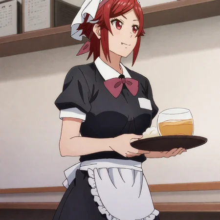 <lora:Tomo_pony_v1:.8>TomoWaitress, 1girl, red hair, white apron, red eyes, fang, short sleeves, short hair, black shirt, bow, bowtie, waist apron, waitress, shiny hair, cowboy shot