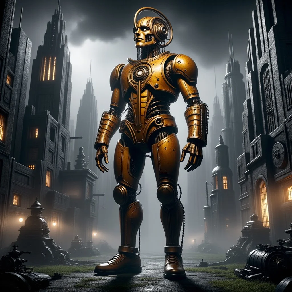 giant bipedal robot dirty yellow and dark amber, bronze paisley robot. lacy robot UFO head. outside of a steampunk keep. large detailed torso. dark image. one forty foot tall ancient robot with great arms and two heavy spring legs. dark foggy night background. $dark foggy night image only. dark photo realistic image. steampunk details. cogs, chains and pipes incorporated in the fantasy buildings. magic wizards tower in background. Dark swamp, moss, castle ruins, wizards tower. stormy dark night. Lightning sky