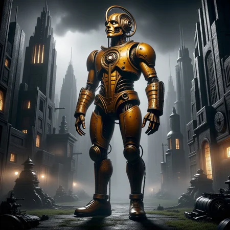 giant bipedal robot dirty yellow and dark amber, bronze paisley robot. lacy robot UFO head. outside of a steampunk keep. large detailed torso. dark image. one forty foot tall ancient robot with great arms and two heavy spring legs. dark foggy night background. $dark foggy night image only. dark photo realistic image. steampunk details. cogs, chains and pipes incorporated in the fantasy buildings. magic wizards tower in background. Dark swamp, moss, castle ruins, wizards tower. stormy dark night. Lightning sky