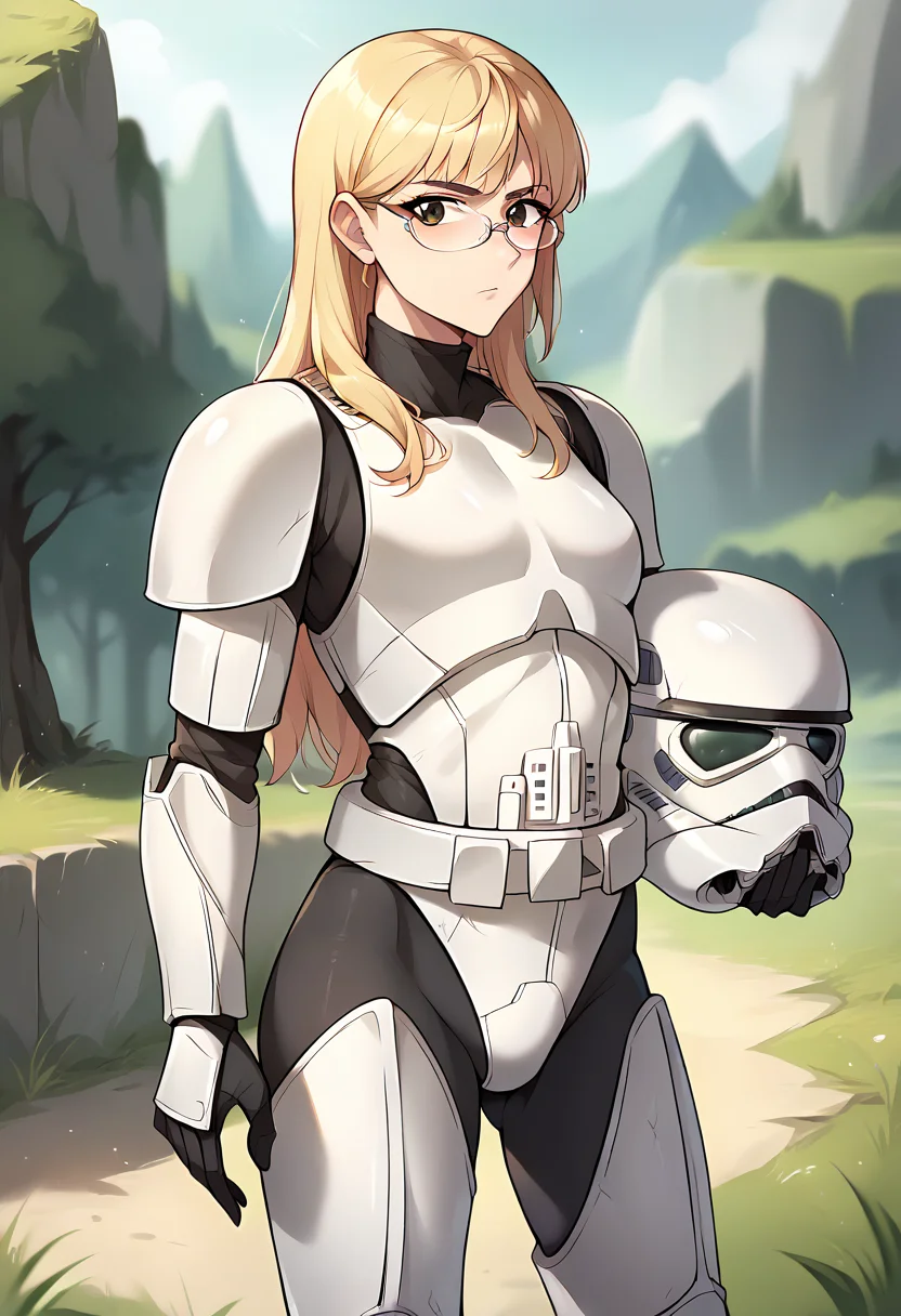 score_9, score_8_up, score_7_up, source_anime, masterpiece, 1girl, solo, ctianperrine, ctiantk421, armor, leotard, bodysuit, greaves, black gloves, looking at viewer, helmet removed, outdoors, holding helmet, <lora:Stormtrooper_tk421_pony_clothing_ct:0.7>, glasses, <lora:Perrine_Strike_Witches_Pony_ct:0.8>