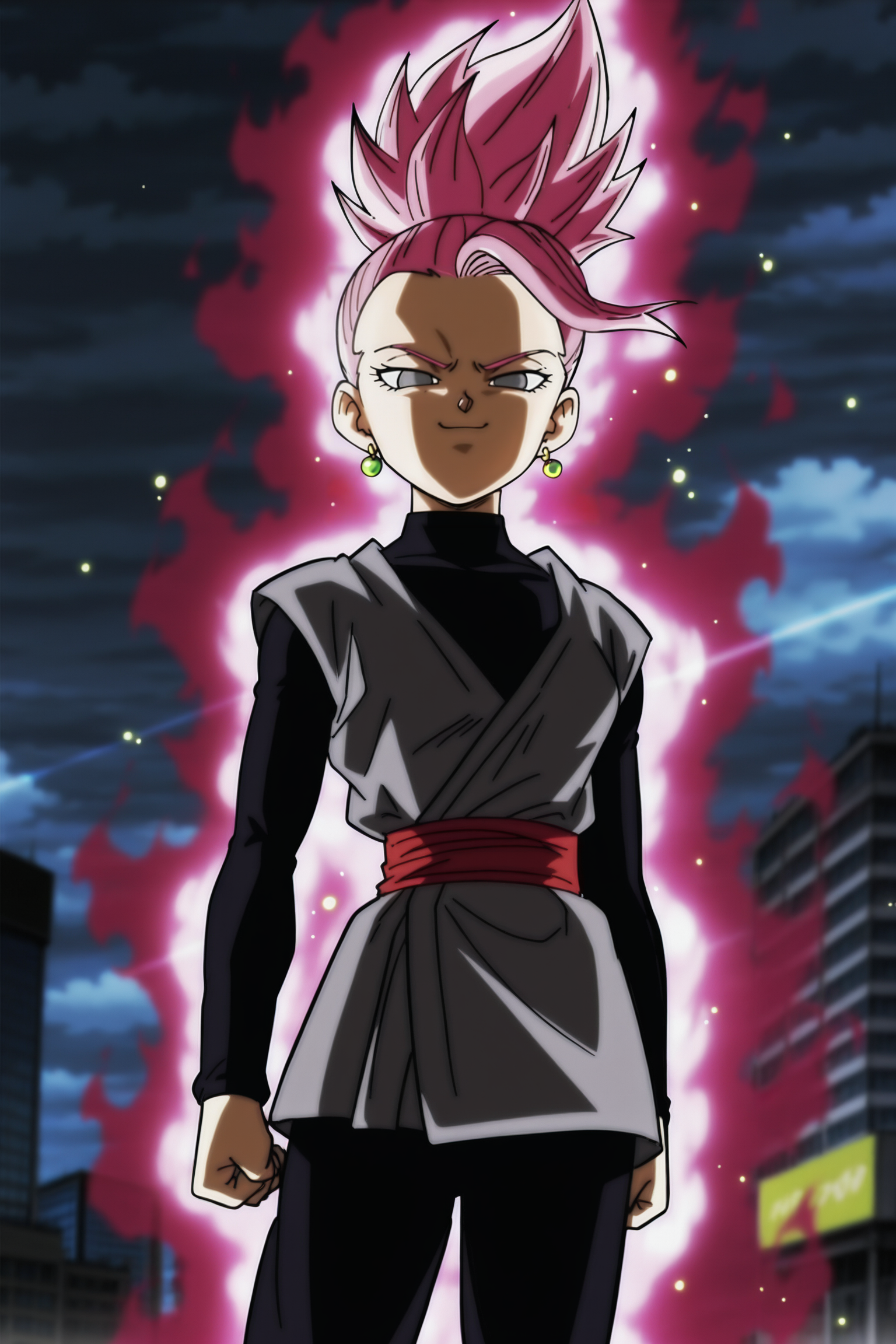 anime screencap, masterpiece, best quality, amazing quality, very aesthetic, absurdres,  newest, (scenery, volumetric lighting), dappled sunlight, light particles, light rays, official style, 
kale, super saiyan rose, ((ponytail)), pink hair, grey eyes, no pupils, floating hair
goku black costume, long sleeves, dougi, red sash, black pants, grey topwear, black undershirt, potara earrings, turtleneck,
cowboy shot, blurry background, rose aura, night sky, cloudy sky, smug, destruction,
 <lora:Universe_6_Saiyans_IL:0.8>