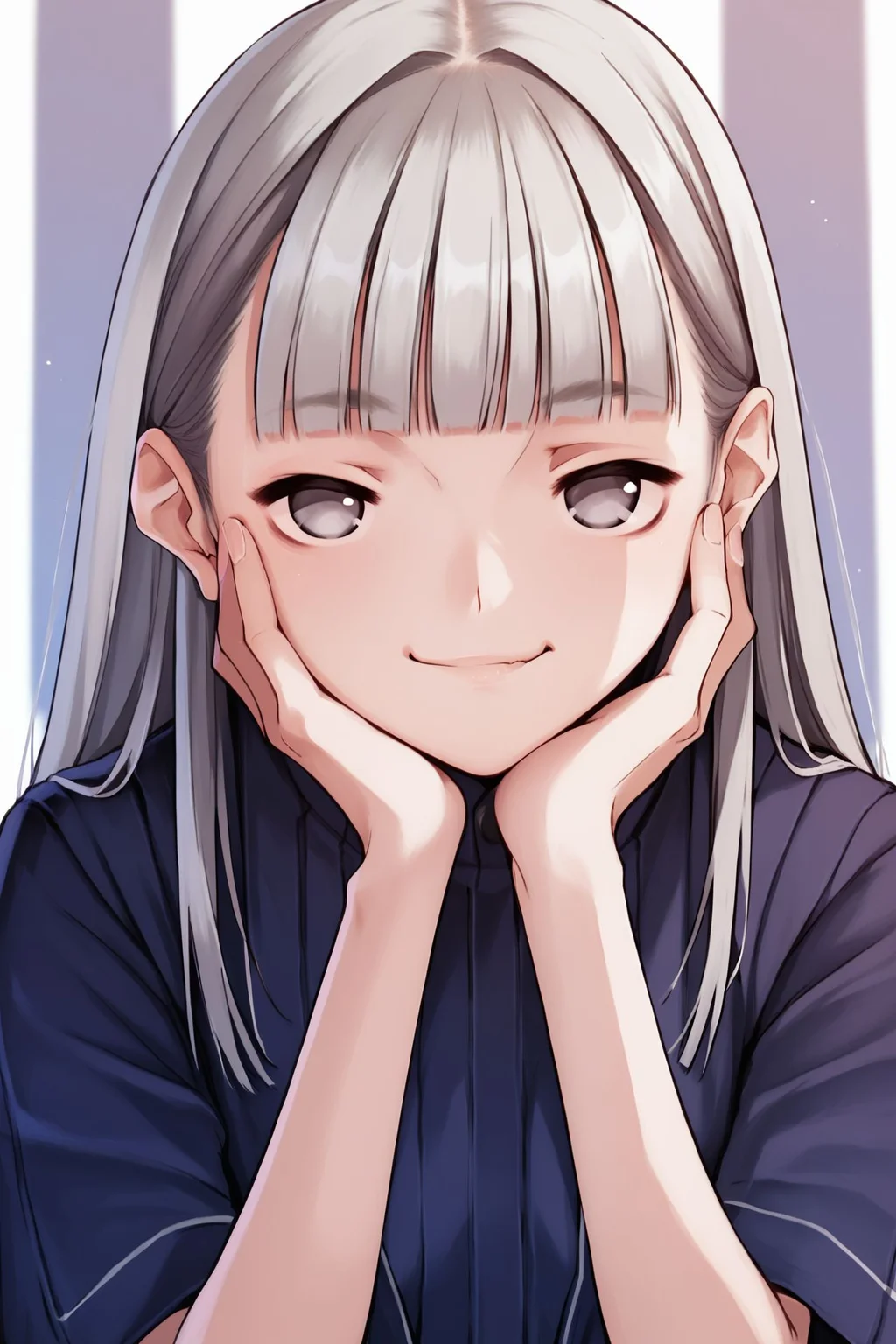 score_9, score_8_up, score_7_up, 1girl, smug, light_grey hair, blunt_bangs, white eyes, small breasts, hand on own face, no light <lora:mino_tarou_loveplus_PonyXL_style_v01:1>