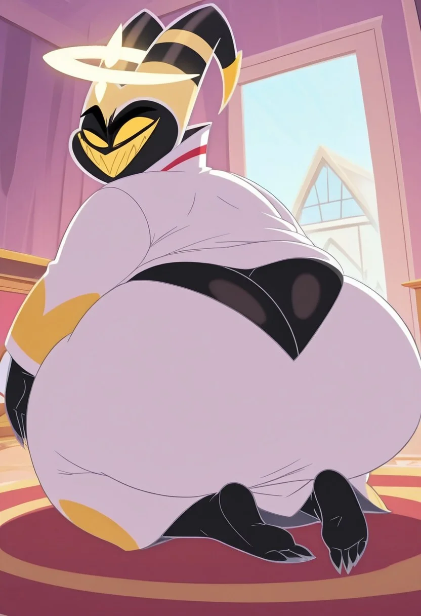 adam, 2D, cartoon, male, flat colors, black face, yellow eyes, yellow sharp teeth, halo on head, white gown, gloves, black claws, looking back at viewer, back toward viewer, big butt, bubble butt, huge ass, round butt cheeks, massive ass, grin, full body, perfect, wide body, fat, obese, fat man build, deep butt crack, round butt cheeks, circular butt cheeks, dumptruck ass, round body, best quality, blu ray, absured res, back view, from behind, 4K, hazbin_hotel, detailed, masterpiece, on ground, indoors, inside, day, bedroom,