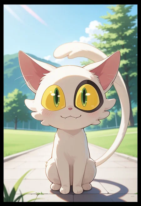 score_9, score_8_up, score_7_up, score_6_up, score_5_up, score_4_up,fangs, cat, Daijin, yellow sclera, green eyes, no humans, animal focus, :3, solo, looking at viewer, outdoors, colored sclera, green sclera, full body, tail, day, closed mouth, sitting