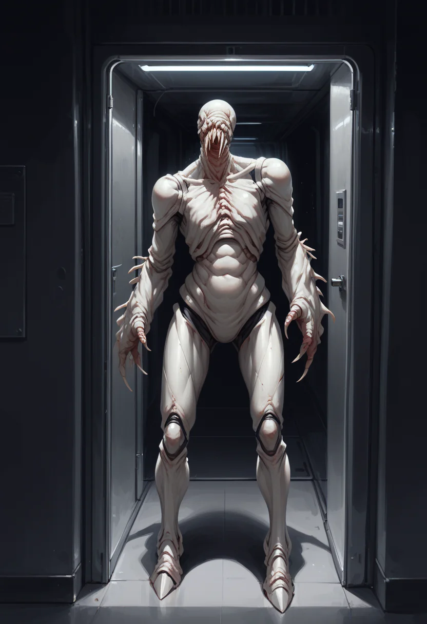 score_9, score_8_up, score_7_up, best quality, masterpiece, source_anime, zPDXL3, BREAK night, <lora:ooseRE:1> monster, reooze, solo, scifi spaceship corridor, futuristic corridor, metallic blast doors, industrial pipe, metallic walls, cold colors ,