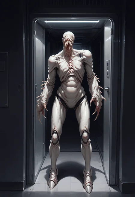 score_9, score_8_up, score_7_up, best quality, masterpiece, source_anime, zPDXL3, BREAK night, <lora:ooseRE:1> monster, reooze, solo, scifi spaceship corridor, futuristic corridor, metallic blast doors, industrial pipe, metallic walls, cold colors ,