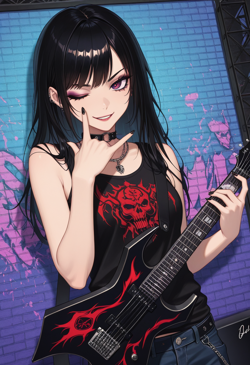 masterpiece, best quality, Graphic Design, color art, vibrant colors, colorful, intricate details, high contrast, detailed background, beautiful detailed, beautiful face, detailed eyes, detailed face, new, newest, w4rl0ck, instrument, electric guitar, holding instrument, 1girl, solo, long black hair, tank top, makeup, jeans, punk, stage, dutch angle, smirk, one eye closed, \m/, gesture, (upper body, perspective:1.4)