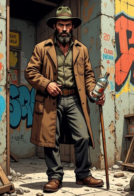 a colorized, comic book-style illustration of a rugged, hobo-like man standing in a gritty urban environment. The man leans on a long wooden walking stick with one hand and holds a half-empty vodka bottle with a torn label in the other. His patched-up coat is a muted brown, frayed pants are dark gray, and his dusty green hat shows wear and tear. His face, marked with dirt, has a scruffy dark beard and a pale, weathered complexion. The background includes graffiti-covered crumbling walls and scattered debris, with earthy tones and vivid highlights enriching the scene. Use bold, detailed linework typical of classic comic book aesthetics. comicsbm style
