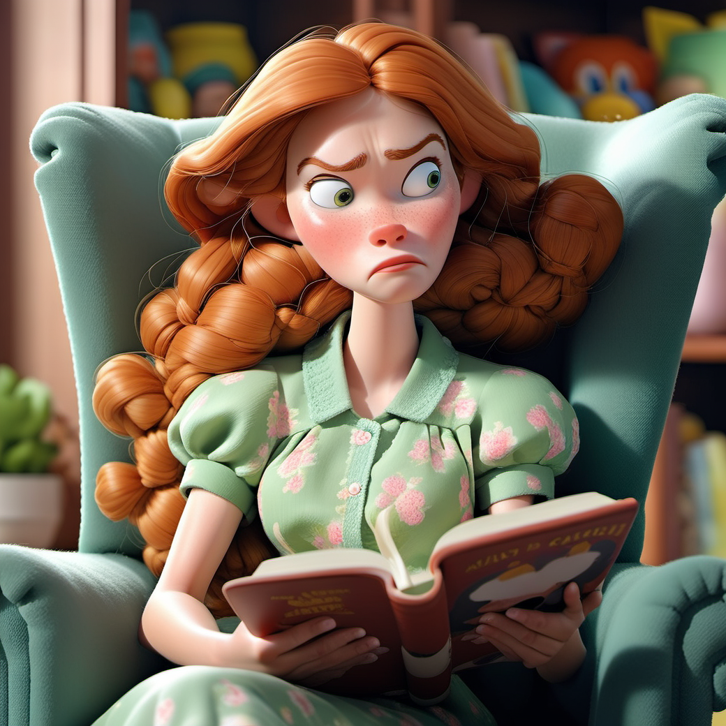 aa woman in green dress sitting in a chair reading a book with a puzzled look on her face and her hand on her chin,brown hair, living room background   <lora:SamaritanEsdxl:0.7>
