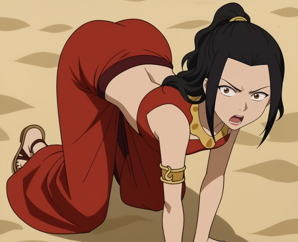 score_4_up, beach, anime screencap, anime coloring, source_anime, <lora:Azula_Wavy_Hair:0.8>, azul4, 1girl, solo, black hair, bare shoulders, necklace,  brown eyes, ponytail, wavy hair, long hair, armlet, crop top, sarong, midriff, sandals, toeless footwear,  long skirt,  sleeveless BREAK looking at viewer, from behind, ass, bent over, hand on own hip, facing viewer, surprised, open mouth,