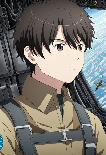 high resolution, solo, best quality, 1Boy, Inaho Kaizuka, Black Hair, Brown Eyes, Pilot, Fly, Jet, OverallDetail