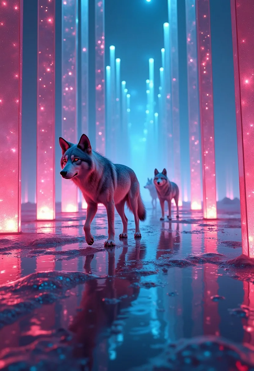 A pack of disco dancing wolves parkoring in zero gravity endless maze made of crystal glass and mirrors, shiny reflections and vaporwave lighting