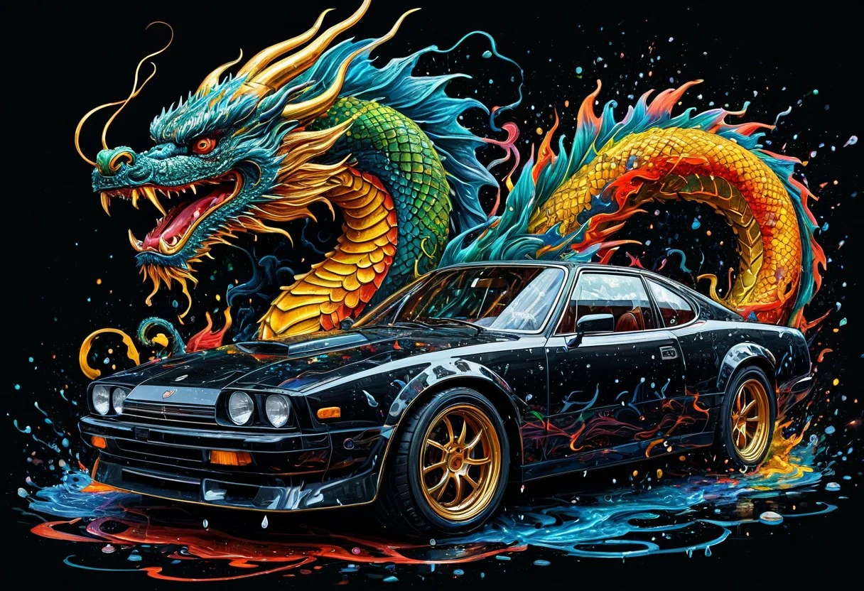 Finely detailed vector illustration, classical sports car, chinese dragon, symbiosis, ultra realistic quality, circle symbol, black background, hyperdetailed, intricately detailed, triadic colors,fantastical,intricate detail,splash screen,complementary colors, fantasy concept art, 8k resolution, masterpiece, oil painting, thick strokes, rich strokes, running drops,