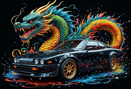 Finely detailed vector illustration, classical sports car, chinese dragon, symbiosis, ultra realistic quality, circle symbol, black background, hyperdetailed, intricately detailed, triadic colors,fantastical,intricate detail,splash screen,complementary colors, fantasy concept art, 8k resolution, masterpiece, oil painting, thick strokes, rich strokes, running drops,