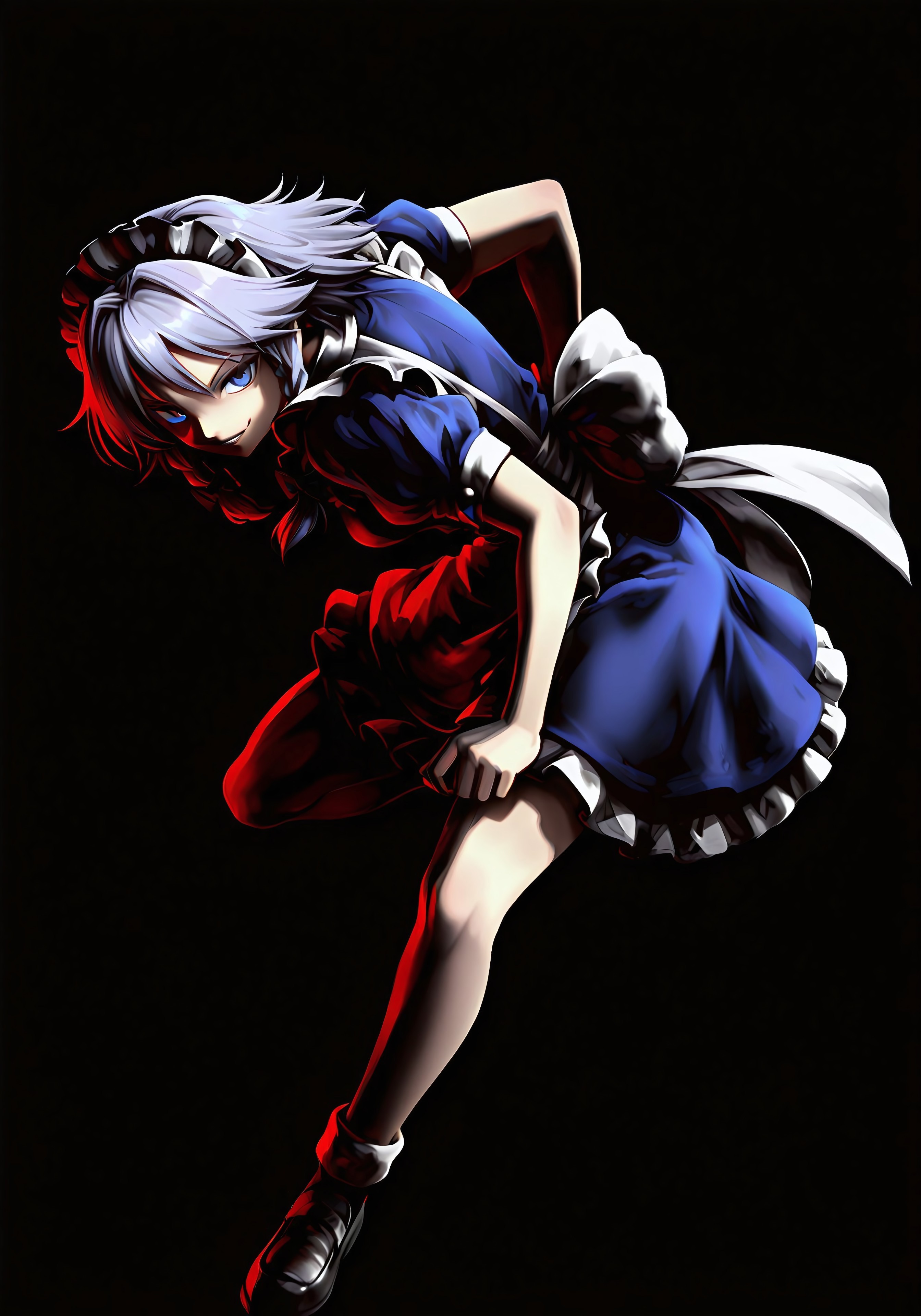 safe_pos, highres, absurdres, masterpiece, best quality, source_anime, izayoi sakuya, 1girl, solo, blue eyes, twin braids, medium breasts, maid headdress, apron, puffy sleeves, pov, looking at viewer, full body, from side, evil smile, dynamic pose, red shadow, black background