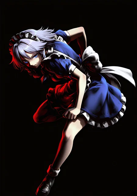 safe_pos, highres, absurdres, masterpiece, best quality, source_anime, izayoi sakuya, 1girl, solo, blue eyes, twin braids, medium breasts, maid headdress, apron, puffy sleeves, pov, looking at viewer, full body, from side, evil smile, dynamic pose, red shadow, black background