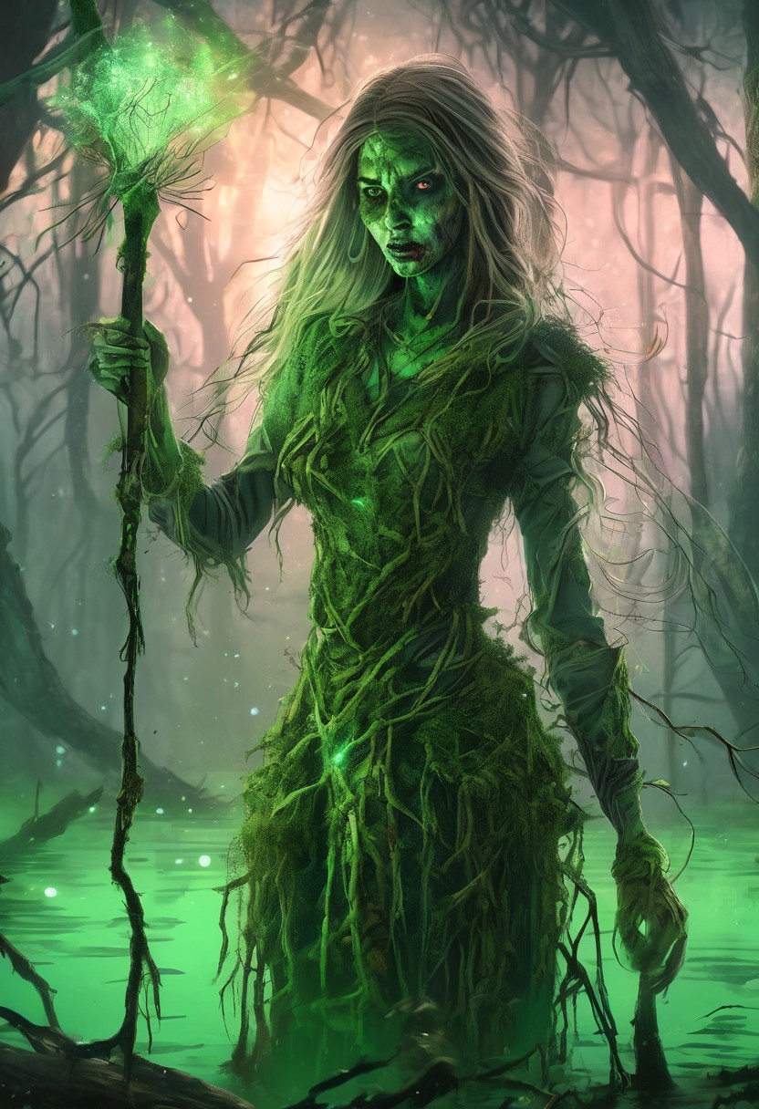 fantasy,medieval Russia fantasy,female druid,(zombie:1.3),(dynamic pose:1.3),entangled with roots,in a swamp,detailed background,(glowing nature magic:1.3),(glowing green eyes:1.1),(glowing green tattoos:1.1),tattered clothing,holding a stick,close up,midnight,(particle effects),floating magic particles, glowing dust