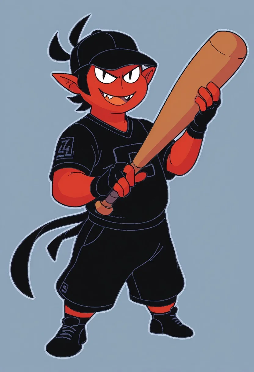score_9, score_8_up, score_7_up, BREAK, 1boy, solo, red skin, black hair, black eyes, black baseball outfit, sportswear, ((no nose)), black baseball cap, black gloves, fingerless gloves, pointy ears, smile, open mouth, sharp teeth, fangs, holding baseball bat, looking at viewer,