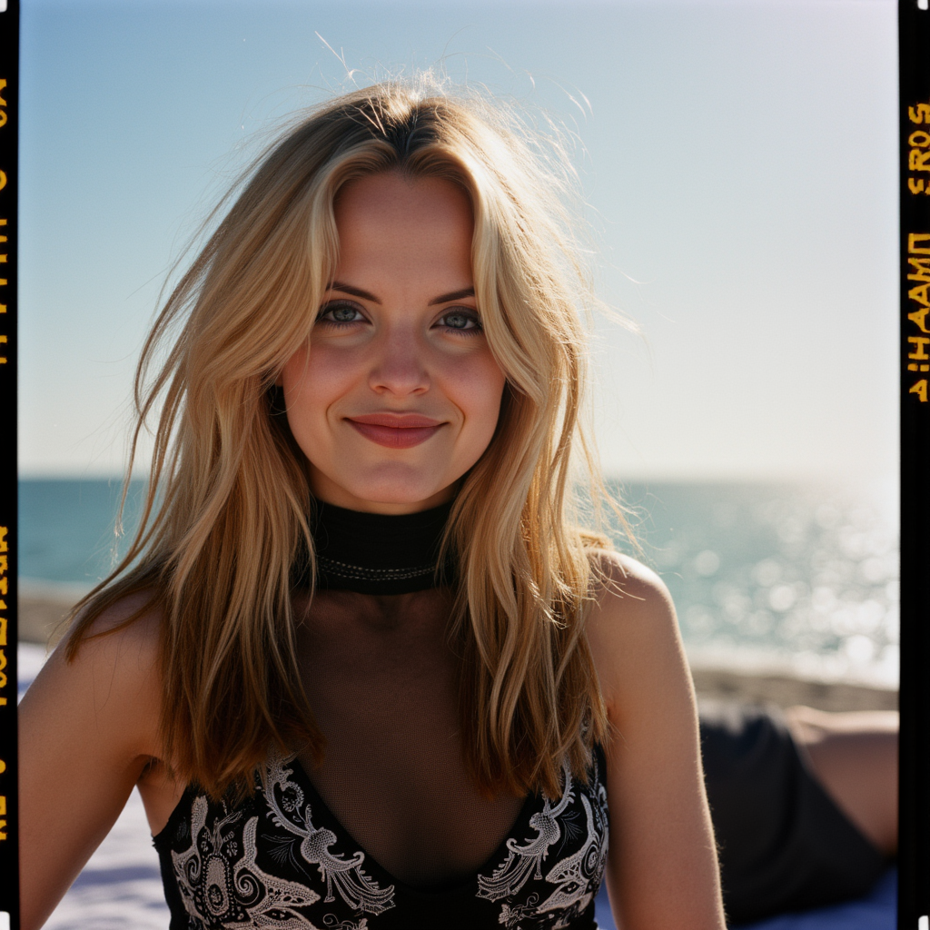 Faded Polaroid Photo, analog film photo gothic style captured with a Leica M6, flash photography enhanced with retro grain, a beautiful young woman wearing a beautiful high neck dress in a party in the beach , she's happy and smiling, an old portrait , 1990s feel, posing dynamic, slight smile,  analog photo  <lora:Mena_S-v2p2:1> m3n4v2 . dark, mysterious, haunting, dramatic, ornate, detailed . faded film, desaturated, 35mm photo, grainy, vignette, vintage, Kodachrome, Lomography, stained, highly detailed, found footage, analog, old faded photo, old polaroid, RAW candid cinema, 16mm, color graded portra 400 film, remarkable color, ultra realistic, textured skin, remarkable detailed pupils, realistic dull skin noise, visible skin detail, skin fuzz, dry skin, shot with cinematic camera