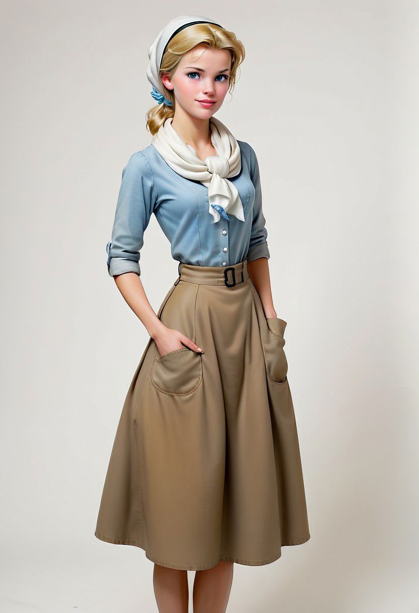 Ultra Realistic, full body shot,  Cinderella,  ,  housework everyday dress, white scarf in hair, hand on hips