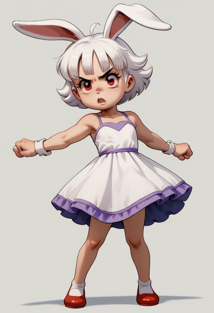 score_9, score_8_up, score_7_up, 1girl, solo, fair skin,  Short hair, Multicolored White hair, purple tips, hair flaps, Red eyes, Thin, Almost flat chest , white Bunny ears. full body, cute  thin dress, punching pose