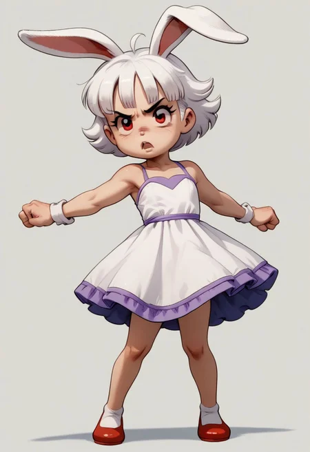 score_9, score_8_up, score_7_up, 1girl, solo, fair skin, Short hair, Multicolored White hair, purple tips, hair flaps, Red eyes, Thin, Almost flat chest , white Bunny ears. full body, cute thin dress, punching pose