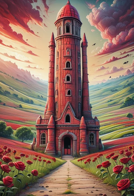 zPDXL2, gunslinger, walking, field of black and red roses, dark stone tower, cr4yon, crayon drawing, crimson skies <lora:Colorful_Crayons_Pony:0.8>