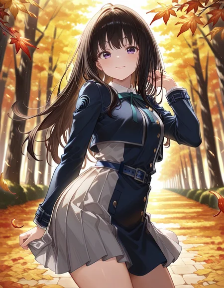 masterpiece, best quality, amazing quality, very aesthetic, absurdres, <lora:spo_sdxl_10ep_4k:0.5>,
cute, (orange colors:1.4), (blurry background:1.2), high saturation,
BREAK
1girl, solo, inoue takina, long hair, black hair, purple eyes,
lycoris uniform, collared shirt, green neck ribbon, two-tone dress, blue dress, grey dress, pleated dress, long sleeves, blue belt,
BREAK
smile, outdoors, depth of field, tree, blurry background, A forest landscape in autumn, covered in vibrant autumn leaves.,
standing, twisted torso, <lora:GBF_Illustrious:1>, gbf_style, <lora:vrchat:1>,