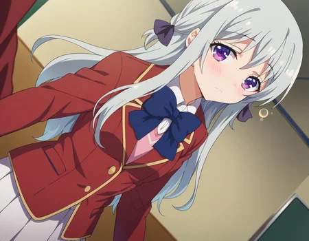 score_9, score_8_up, score_7_up, source_anime,
hiyorishiina, <lora:hiyori-shiina-s2s3-ponyxl-lora-nochekaiser:1>,
hiyori shiina, long hair, bangs, purple eyes, hair ribbon, grey hair,
skirt, shirt, long sleeves, bow, ribbon, school uniform, jacket, pleated skirt, bowtie, blue bow, blazer, white skirt, red jacket,
indoors, bed, bed room, on side, blush, drunk,
looking at viewer, dutch angle, cowboy shot,