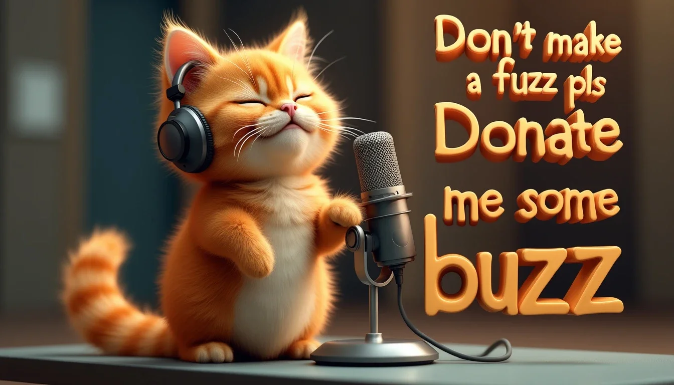 a poster of a fluffy orange cat in a modern recording studio Next to the cat in floating in 3D style the words ("Don't make a fuzz pls Donate me some buzz"). The cat stands upright on two legs, wearing sleek, stylish headphones that sit comfortably over its ears. The cat's fur is a vibrant shade of orange, with subtle stripes running through it, giving it a lively and warm appearance. The cat's expressive brown eyes are closed in deep concentration as it sings the into a high-quality microphone.
The microphone is positioned at just the right height for the cat, who is holding it with one paw, while the other paw is slightly raised, as if conducting or emphasizing certain notes. The cat's tail curls gently behind him, adding to the sense of rhythm and engagement in the performance.