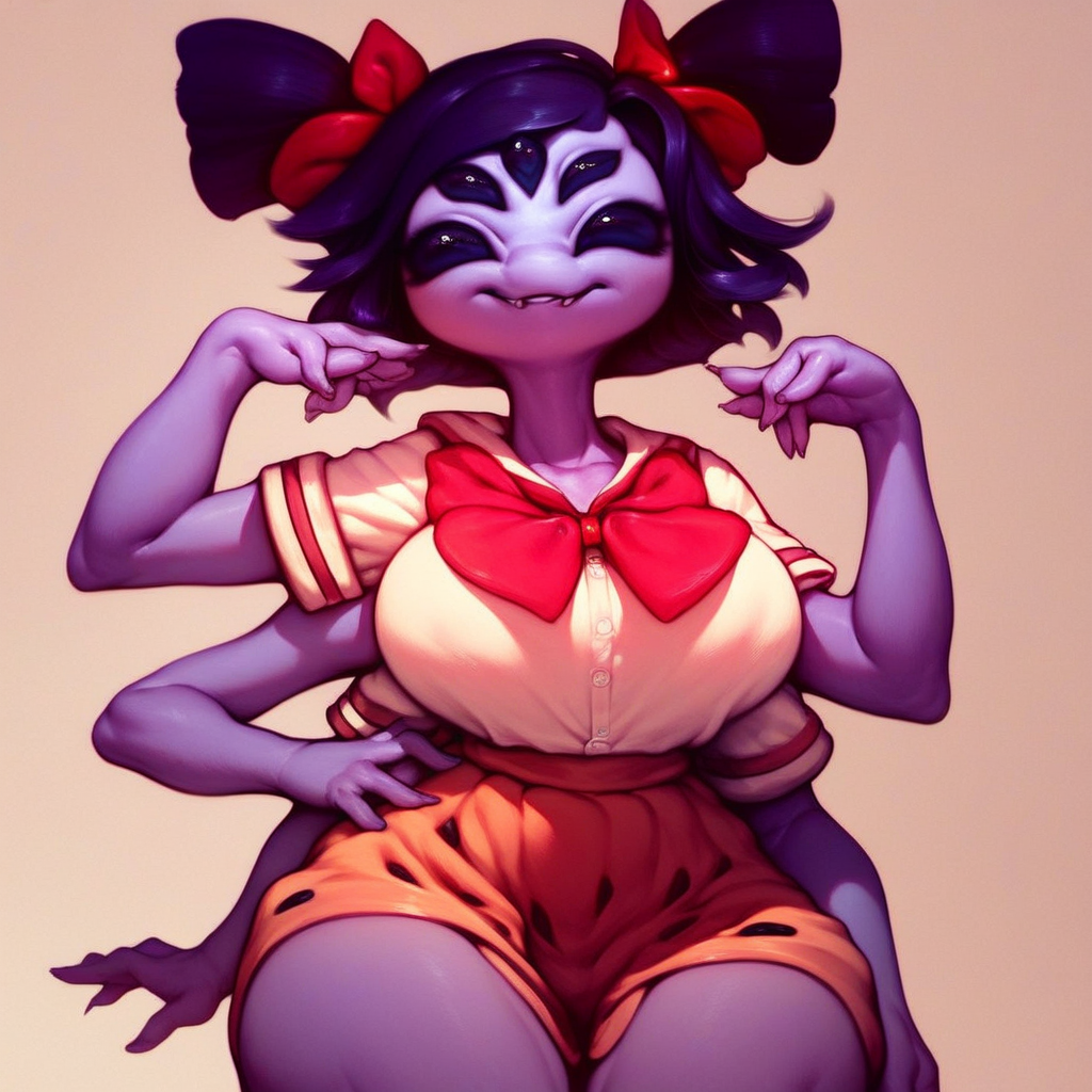 score_9, score_8_up, score_7_up, score_6_up, score_5_up, solo, 1girl, Muffet, large breasts, medium hips, school uniform, anthropod girl, multiple arms
