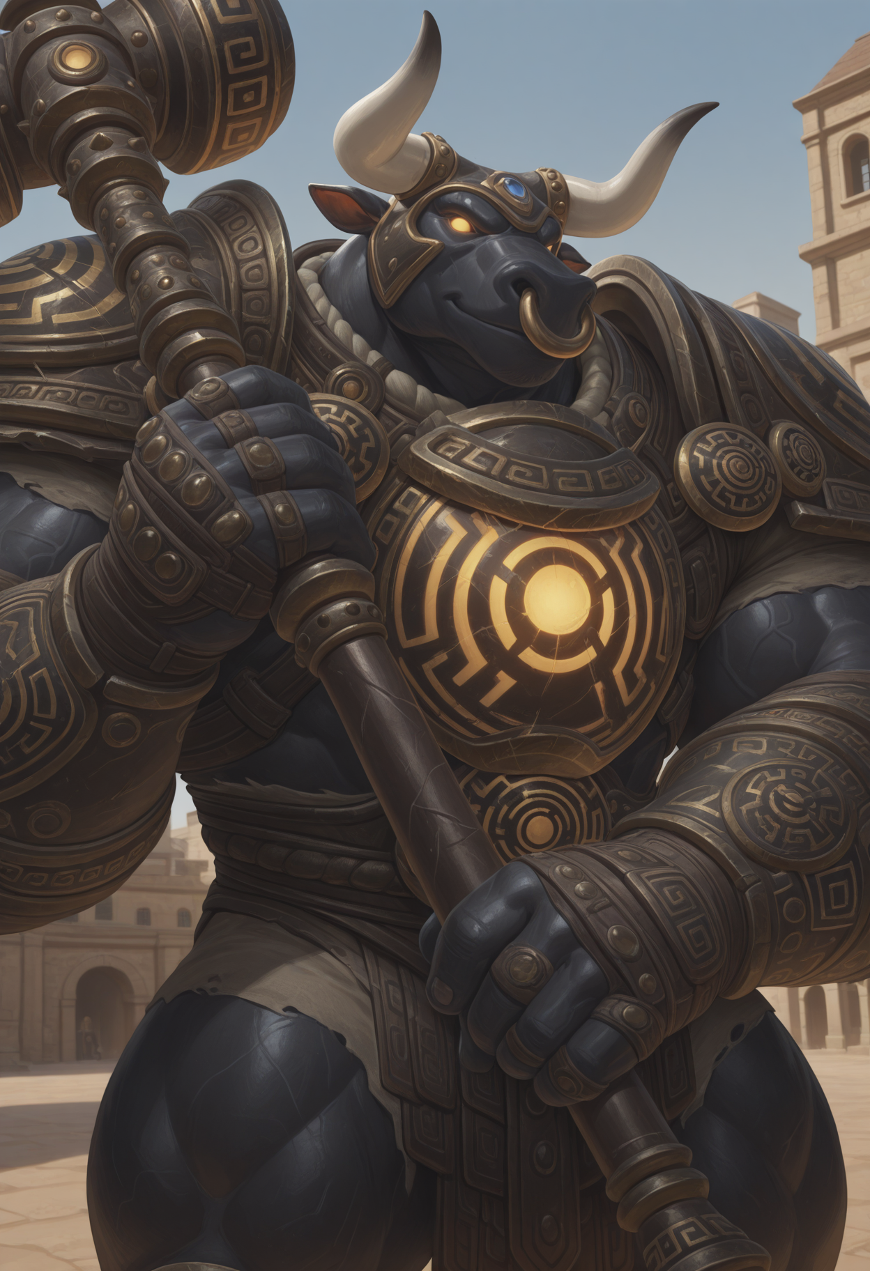 male focus, solo, 1boy, muscular, beefy, huge muscles, 1boy, r3inmnt4ur, minotaur, nose ring, horned helmet, glowing eyes, armor, pauldrons, gauntlets, half-length portrait, holding weapon, big glowing hammer, outdoors, modern building, posing,
perfect anatomy, masterpiece, perfect quality, best quality, detailed, newest, very aesthetic