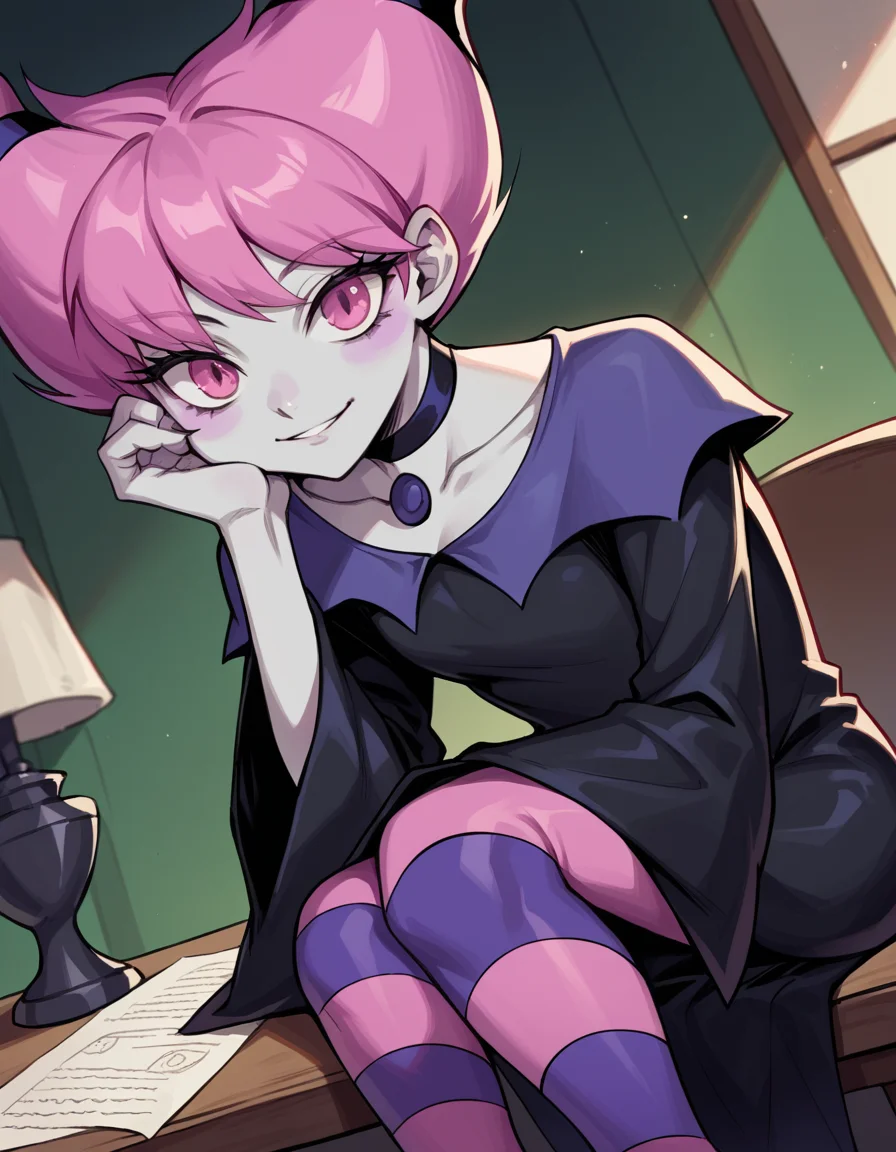 score_9, score_8_up, score_7_up, source_anime, <lora:jinx-dc-ponyxl-lora-nochekaiser_r1:1>, jinx, jinx (dc), colored skin, grey skin, hair horns, pink eyes, pink hair,, choker, long sleeves, pantyhose, striped clothes, striped pantyhose, black dress, wide sleeves, collarbone,, indoors, smile, looking at viewer, solo, sitting, head rest, table,, cowboy shot, dutch angle