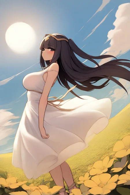masterpiece, best quality, 1girl, solo, <lora:fetharja-illu-nvwls-v1-000005:1> dfThja, black hair, black eyes, two side up, tiara, white sundress, blue sky, sun, clouds, looking at viewer, from side, hair blowing in the wind, blush, dutch angle, large breasts, spaghetti straps, wide shot, sandals, field, flowers