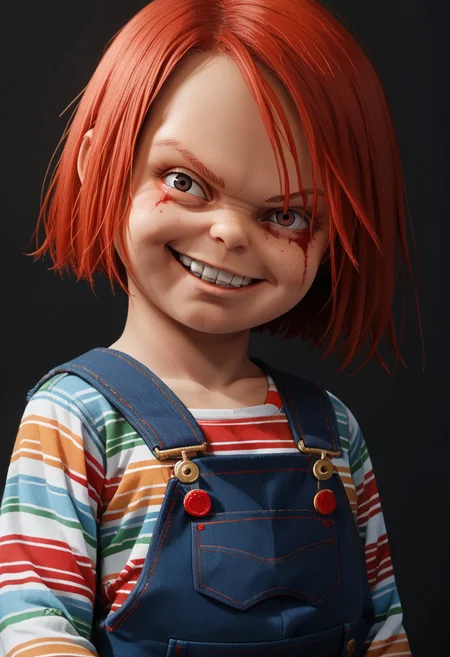 Score 9, score 8, score 7, 1boy, solo, Chucky, upper body, portrait, looking at viewer, smirk, simple background, teeth, dark theme, bloody face, red hair, short hair, overalls, colorful striped shirt, shortstack,