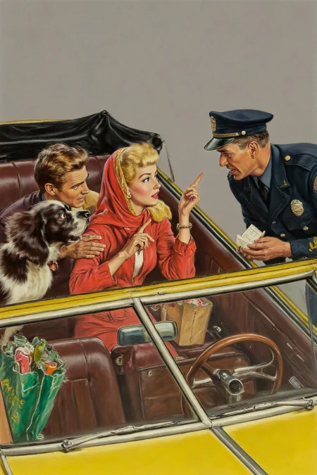 walterbaumhofer1 painting. 
A man and a blonde woman are in a yellow convertible. The blonde woman, show in profiles, is wearing a red headscarf, argues with a policeman and points her finger at him. A green grocery bag and a box are visible in the car. The angry policeman, on the right, wears a dark uniform with a badge and cap. He is writing a speeding ticket. A Cocker Spaniel is barking beside the woman. <lora:walterbaumhofer1_cap_d8a4e12:1.0><lora:849118018616217186:0>
