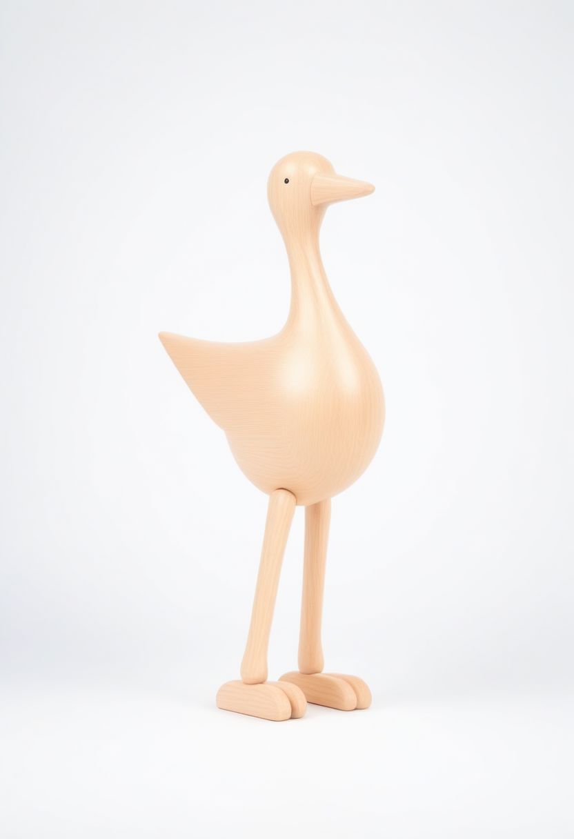 (expert craftsmanship:1.8), (high resolution, product photography, photo studio background:1.2), (modern wooden toy animal, avian creature:1.8), (fine wood, realistic wood material:1.5), (simple form, abstract form, multiple parts:1.9), (finely crafted parts, simple shape, elegant shape, ambiguous shape, stout shape, innocent shape:1.4), (comfortable, playful, friendly:1.5), (tall, lanky, whimsical:1.7), (Bauhaus Design aesthetic:1.7)