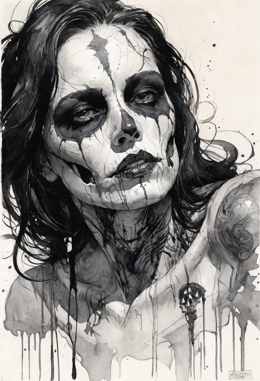 The Death, black ink engravement, Steve McDonald style, Michael Garmash style, Adam Hughes style, white background, ultra realistic, hyper detailed ink sketch, watercolor fill, black and white style